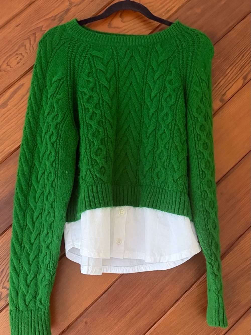 Maeve Anthropologie Green Cable Knit Layered Hem Cropped Sweater Medium